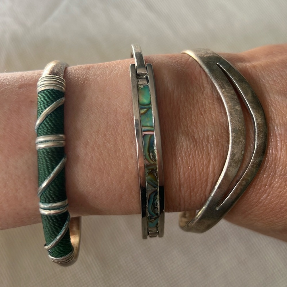 Three Silver Bracelets from Mexico Comfortable Cuffs and Hinged Inlay